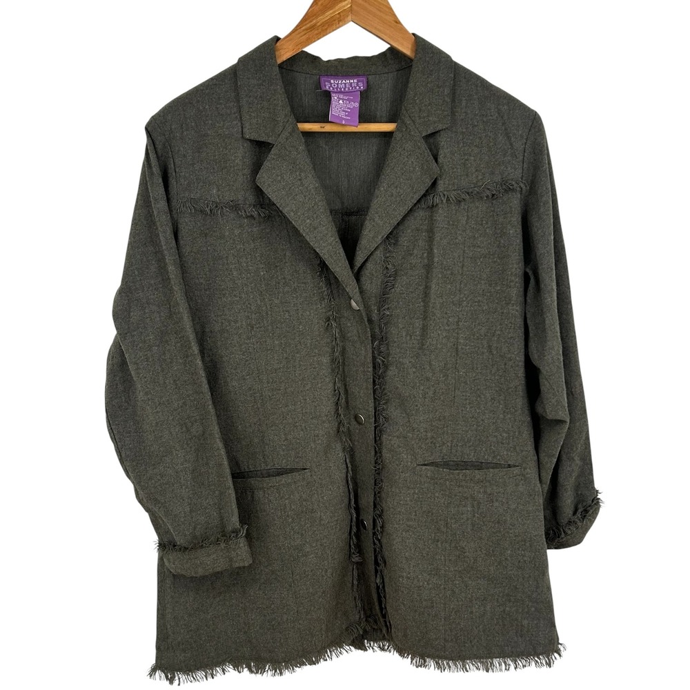 Suzanne Somers Collection Dark Green Raw Hem Fringe Blazer Jacket Small